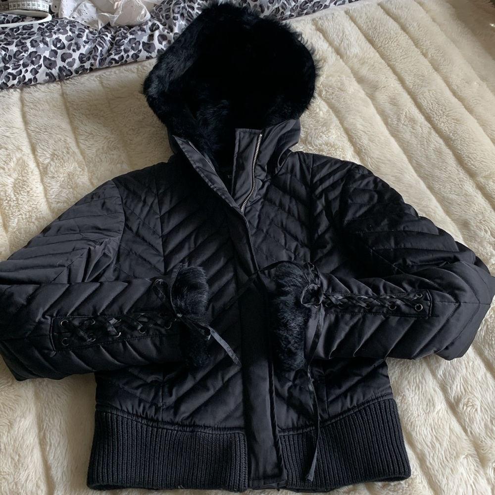 Bebe RARE Y2K Lace Up corset HOODED DOWN Fill Genuine Rabbit FUR jacket M🇨🇦 - Picture 14 of 15